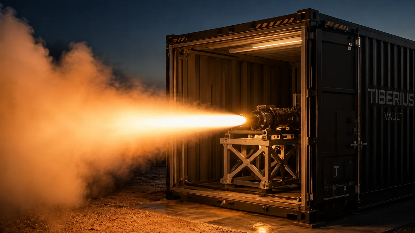 Propulsion static fire from a containerized test stand at dusk