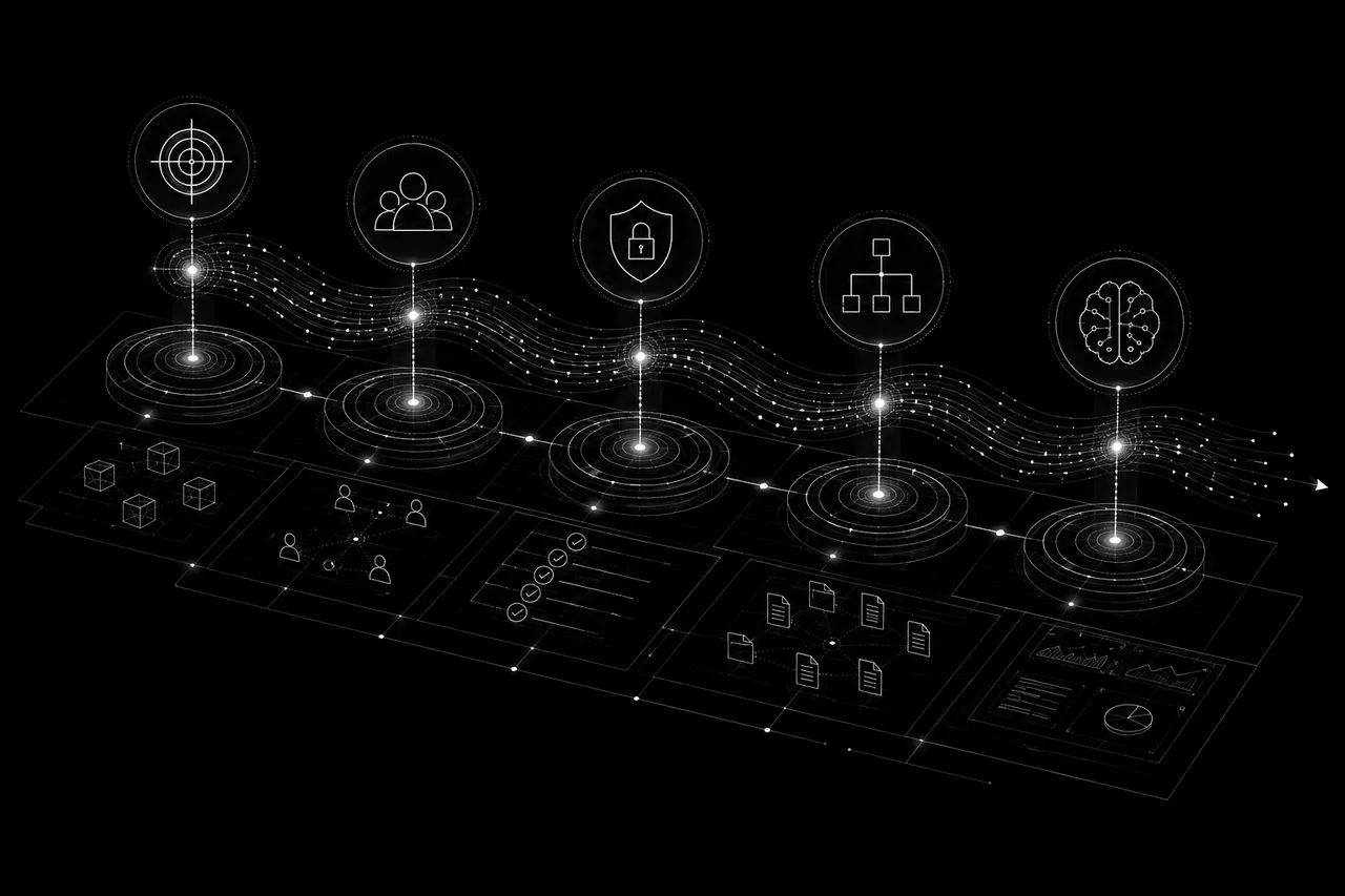Isometric diagram of the sourcing pipeline — targeting, suppliers, security, structure, and intelligence stages linked by a data stream.