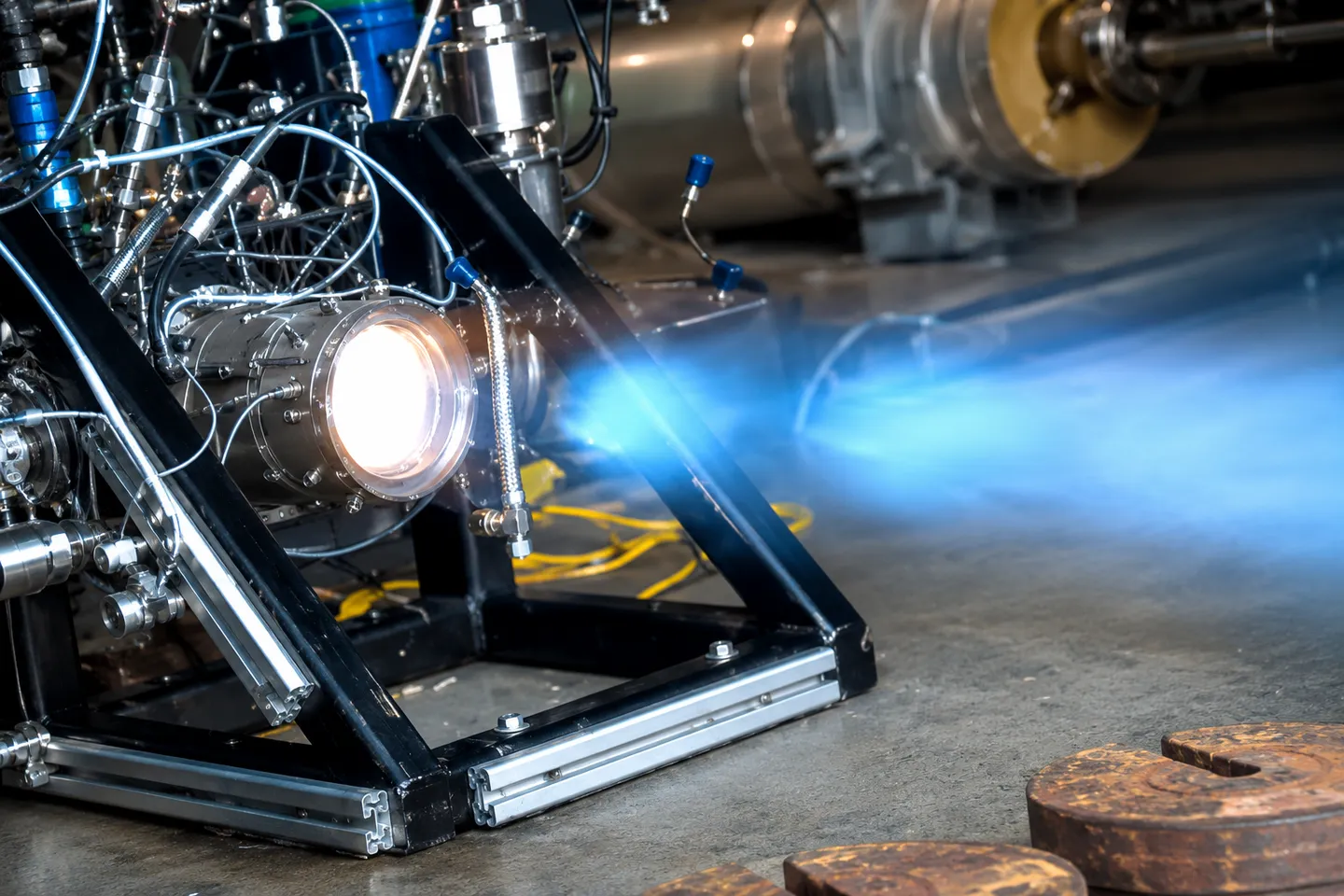 Combustor firing on an instrumented test stand, exhaust plume trailing across the test cell floor