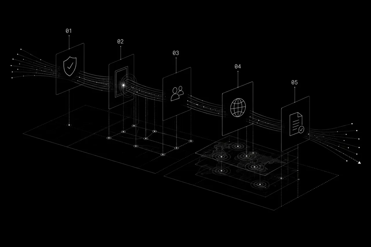 Isometric diagram of a five-step release control flow — authorization, identity, parties, jurisdictions, and documentation — connected by a data stream.