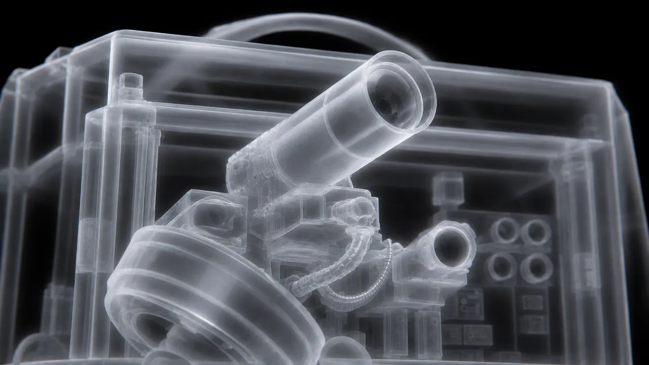 Cutaway render of a containerised directed energy emitter, aperture raised, in translucent white on black