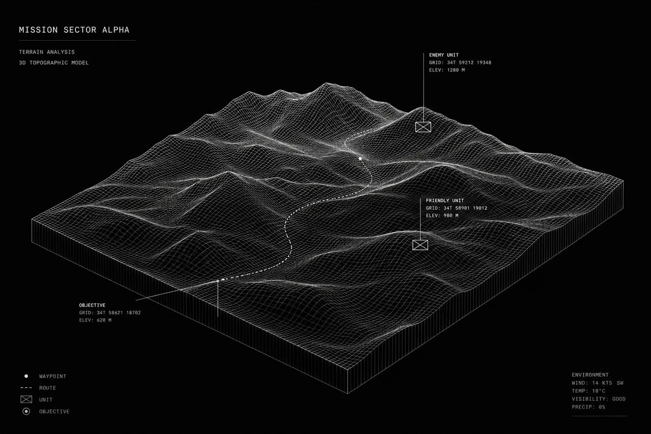 Wireframe terrain model of a mission sector annotated with waypoints, a route, units, and an objective.