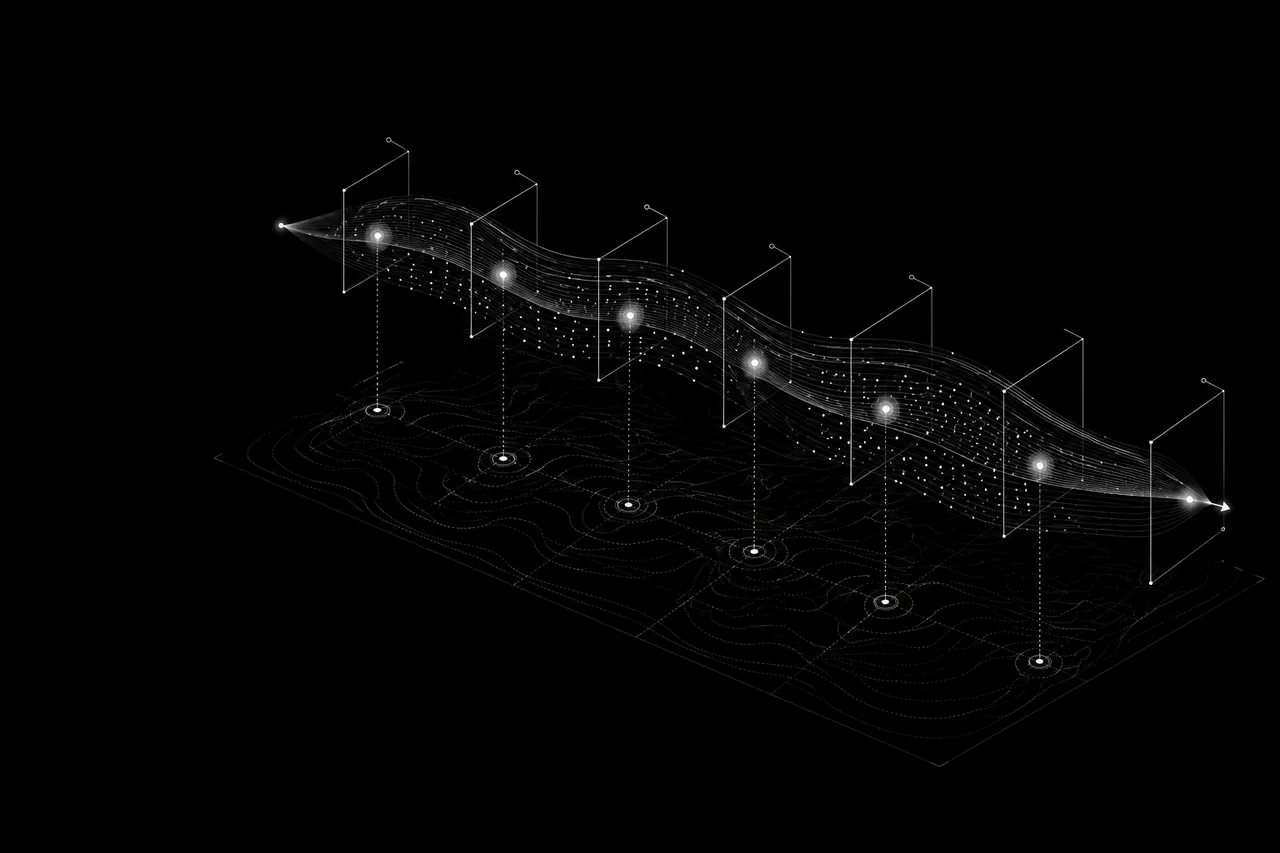 Isometric diagram of capital flowing through sequential transaction gates above a terrain map.