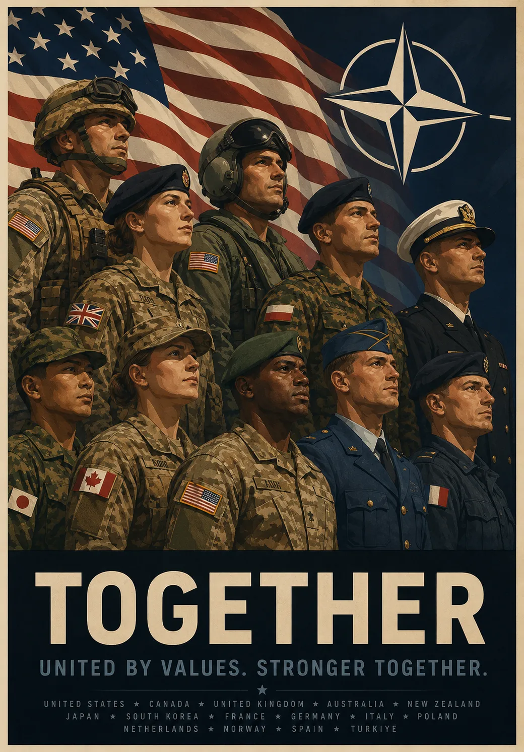 TOGETHER — united by values, stronger together: allied service members in front of their flags