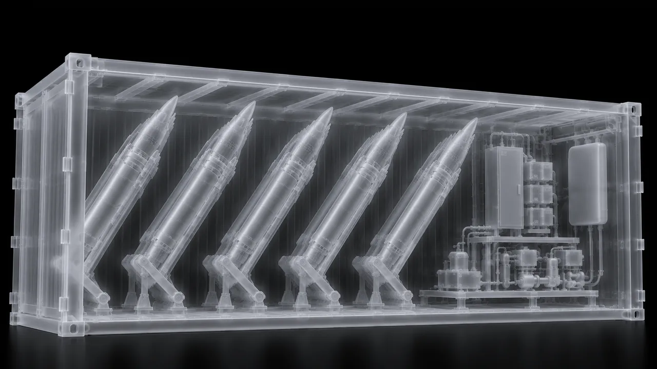 Cutaway render of a containerised vertical launch system, five canisters angled alongside the support plant, in translucent white on black
