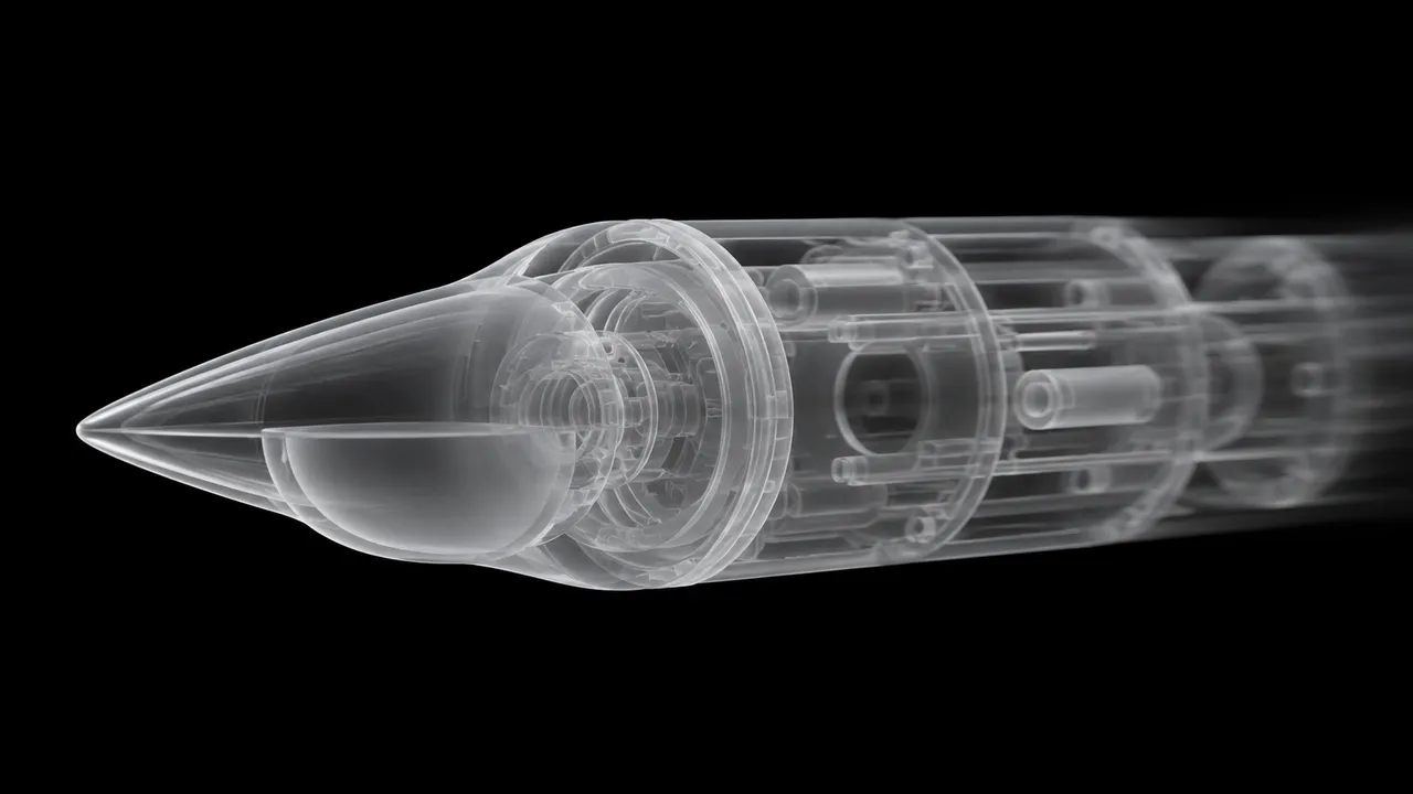 Cutaway render of the TRM-200G munition, nose to aft section, in translucent white on black