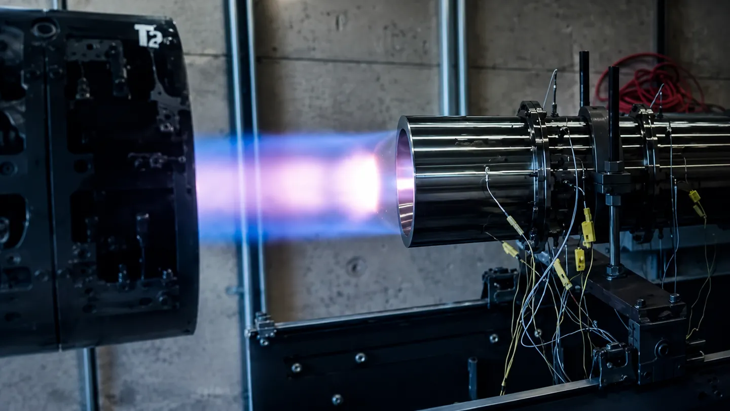 Propulsion test article firing on an instrumented stand inside a test cell